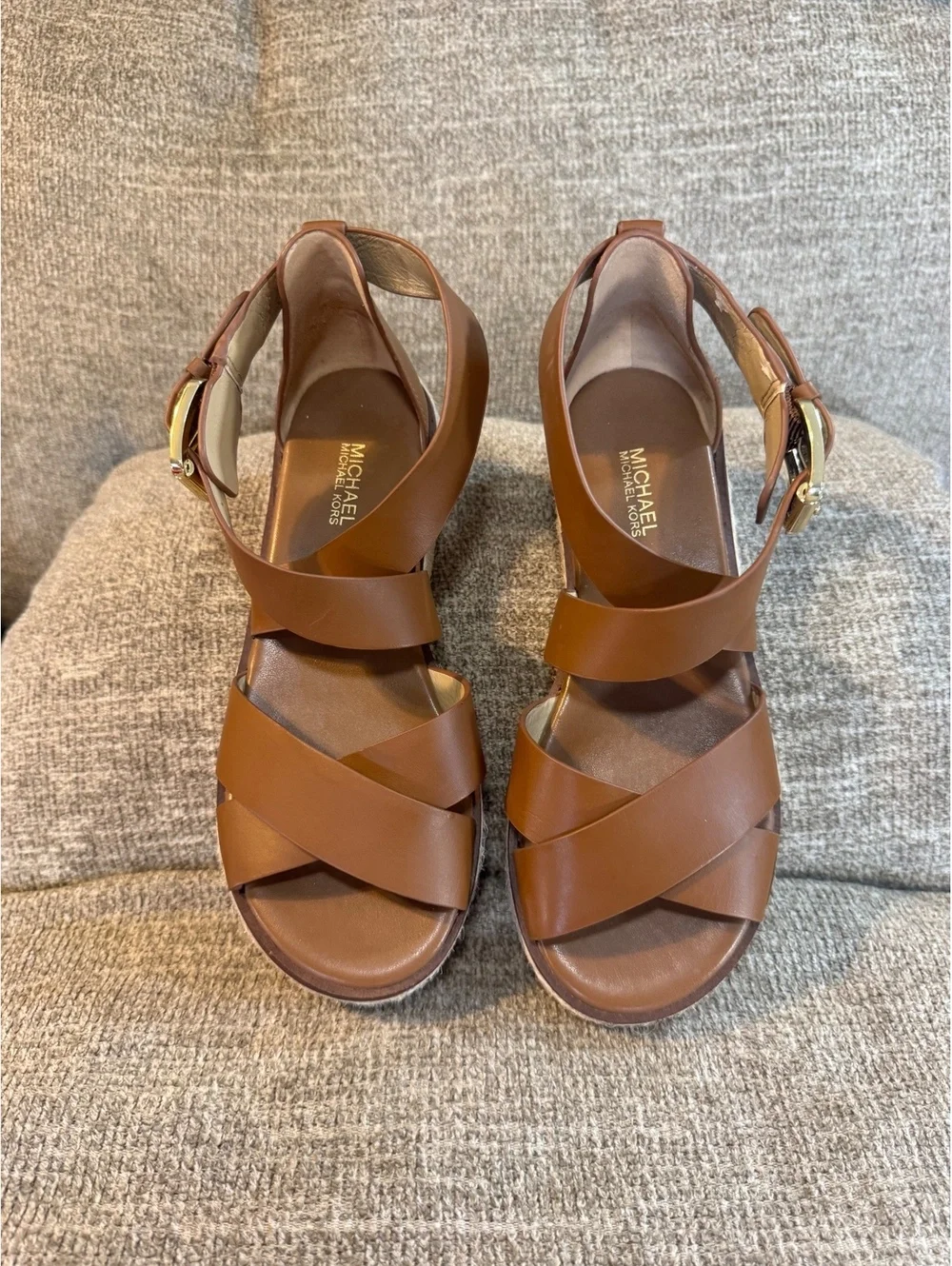 MICHAEL Michael Kors Darby Leather Espadrille Wedge Sandals Brown Size 6M